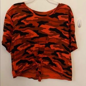 Neon orange army print crop top shirt